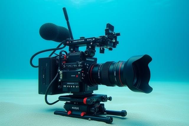 Cámara submarina profesional con luces estroboscópicas, lista para una inmersión
