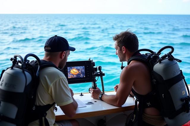Director y equipo de filmación submarina planificando una toma en el mar